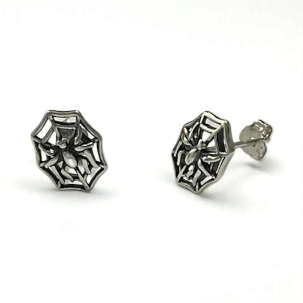 Intricate 925 Sterling Silver Spider Web Stud Post Earrings